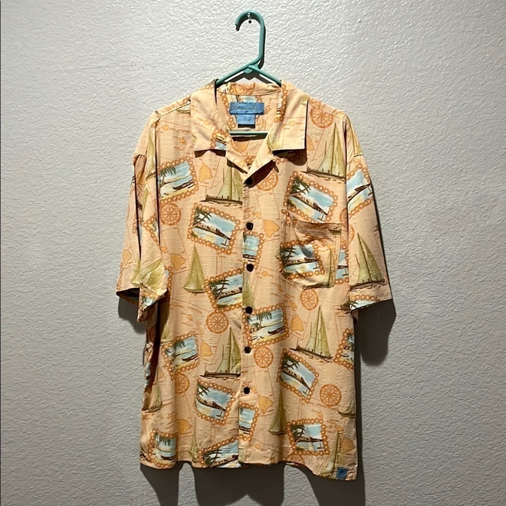 Bermuda Bay Silk Hawaiian Shirt Men's XL Compass Sailboats Pocket Collared